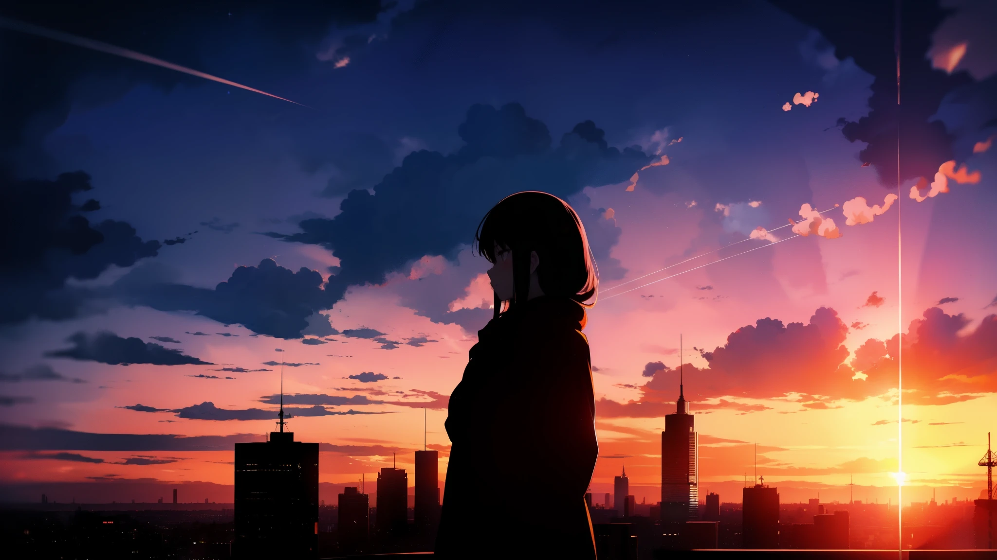 anime,silhouette,1 girl, star (null), cloud, cityscape, building, city, outdoor, nullscraper, city lights, night, night null, sunset, nullline