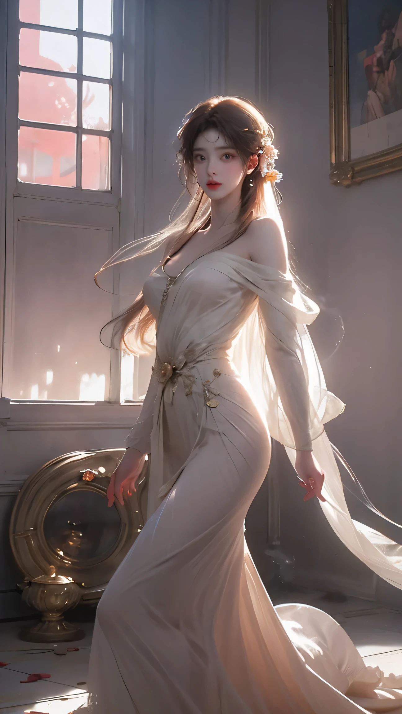 (bare shoulders:0.85), ((nude:1)), (Glowing ambiance, enchanting radiance, luminous lighting, ethereal atmosphere, mesmerizing glow, evocative hues, captivating coloration, dramatic lighting, enchanting aura),1girl, masterpiece,best quality, 1girl,
(in smoke:1.1),(dynamic smokeanywhere:1.4),indoors,(full body:1.2),((in the sky:0.45)),
dramatic lighting,epic cinematic, soft nature lights, rim light, absurd, amazing, funny, itricate, hyper detailed, ultra realistic, soft colors,
(joshua middleton comic cover art:1.1),  white flower