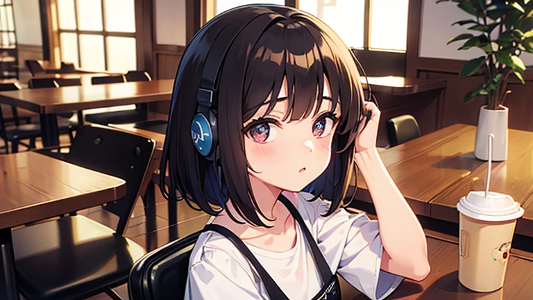 An illustration、20-year-old, girl, hair color is brown, Big eyes are sharp、cute、Beautiful woman、hair is bob,headphone,Cafe,sitting