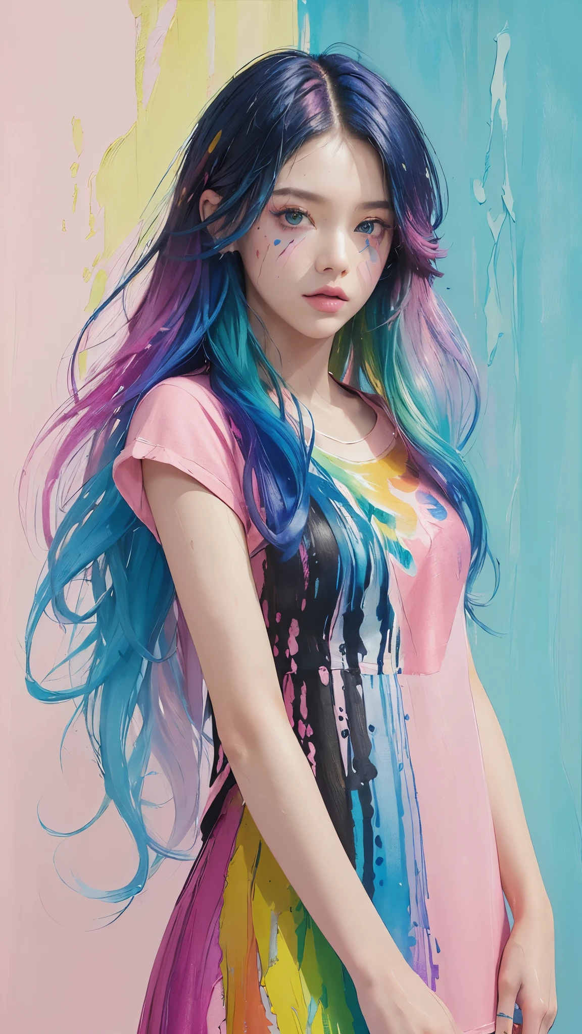 (pink fashion t-shirt:1.9)、(long black hair)、(all the colors of the rainbow:1.8)、((((Vertical painting:1.6)))、(painterly:1.6)、frontage、comic strip、enlightenment、painterly、Big eyes、Transparent eyes、()、exquisite makeup、closed your mouth、(small fresh:1.5)、(wipe chest:1.6)、long eyelashes、red kimono、、Dance beautifully、big teary eyes、(rainbow colored hair:1.6)、 splash of color, (solo:1.8), splash of color, explosion of colors, Thick paint style, messy lines, ((shine)), (Colorful), (Colorful), Colorful, Colorful, Chic paint style, (splash) (splash of color), Vertical painting, Upper body, paint splashes, acrylic pigment, Gradation, paint, best image quality, best image quality, masterpiece, solo, Depth of the bounds written, facepaint, Colorful服, (elegant: 1.2), nice,hair length, Wind, (elegant: 1.3), (petal:1.4)、(((masterpiece)))、(((highest quality)))、((super detailed))、(enlightenment)、(dynamic angle)、((buoyant))、(paint)、((messy hair))、(solo)、(1 girl)、((Detailed anima face)))、((beautiful and detailed face))、first round、bare shoulders、gray hair、((Colorful髪))、(((striped hair))、beautiful and fine eyes、(Gradationカラーの目)、(((Colorful目))))、(Colorful背景))))、((((high color saturation))))、(((Colorful水しぶきに囲まれて)))、