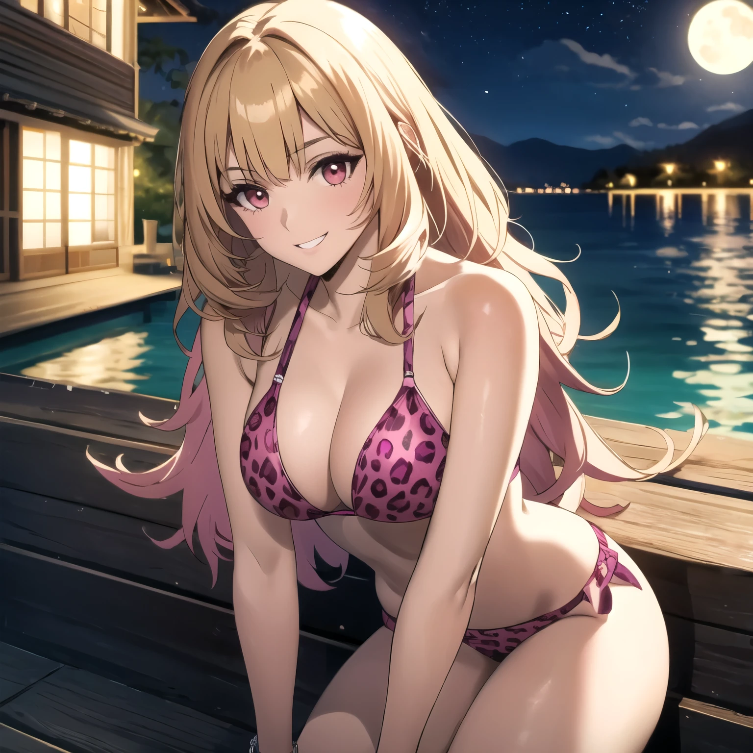 atractiva mujer rubia. orejas de oso, cabello rubio brillante, red eyes like rubies, pechos grandes, pink leopard print bikini, accesorios, sonrisa, pechos grandes, alta calidad. fondo un lago. de noche. luna llena.