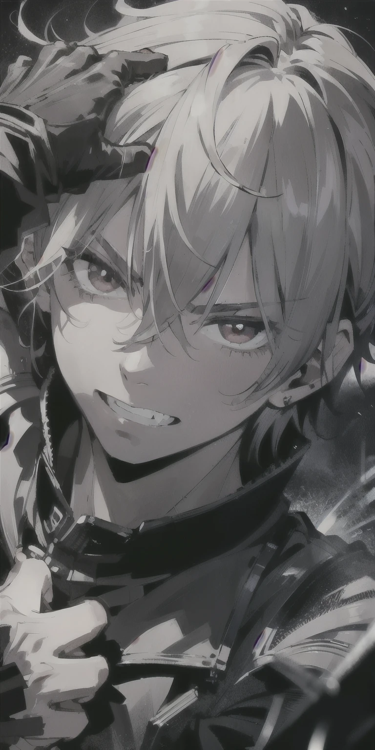 absurd solution、highest resolution、(masterpiece:1.4)、very detailed、from above、Adonis、boy universe、masterpiece, Acceleration_nffsw, (angry face:1.2), (crazy smile:1.3), crutch, silver hair,red eyes shining, sunglasses,photo taken up close, Swirling Wind, Lightning around the character, complex background at night, very detailed, (dark:1.3), dark, faint, nffsw, illustration, dirty