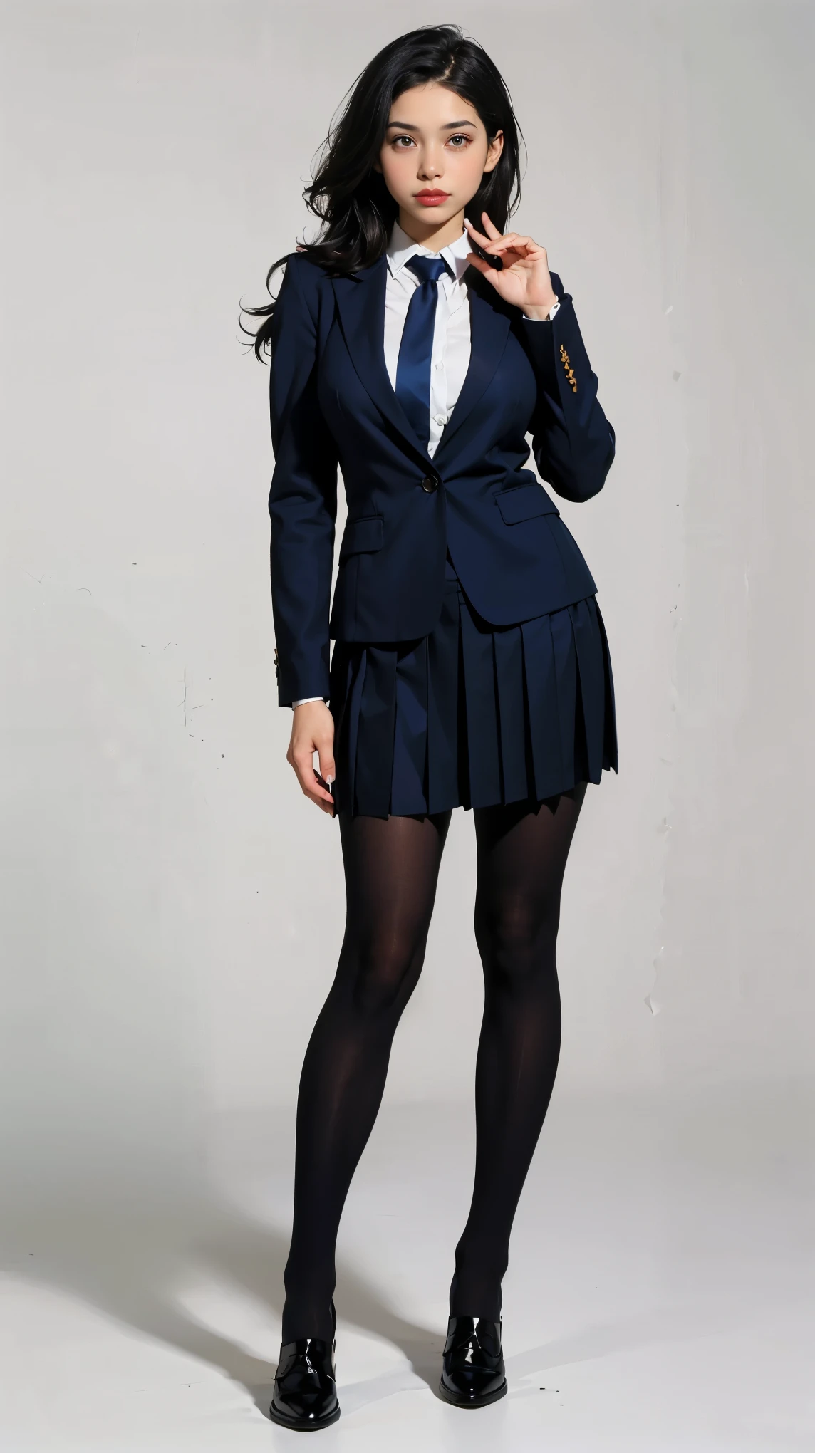 ((best quality,4k,highres,masterpiece:1.2)),((character concept art)), 1 female, age 18. Known for her youthful charm and unwavering determination, Her body language is as modest as her personality, always exuding a sense of innocence and resilience. ((She is dressed in a prestigious Tokyo high school uniform)), (((The uniform includes a tailored navy blazer with the school crest on the chest, a necktie, a white blouse with a Peter Pan collar underneath that compliment her natural E-cup breasts, a pleated maroon skirt that  emphasizing her  figure))). (((She enhances her look with Sheer black stockings and black leather oxford shoes))), carrying her ensemble with an air of subtle confidence. Her accessories are minimal, reflecting her simple lifestyle at this age. ((intricate detail)), super finely detailed hands, ultra finely detailed fingers(((ten fingers))), (standing confidently), (full body showcase), (show full body), (no logos on background), (no logo), ((plain background)), ((plain background)), (((empty background))).