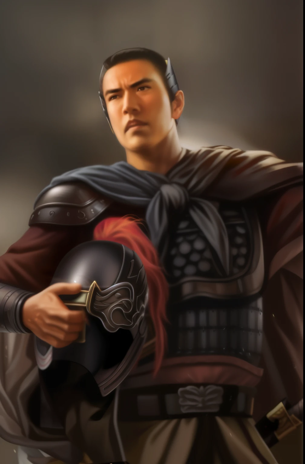 In a painting,One is wearing armor、Man holding helmet and sword, Inspired by Li Kan, Taisho Rome, Inspired by Fan Kuan, inspired by Li Gonglin, photo of adult male warrior, Roman Emperor, author:Yang Borun,