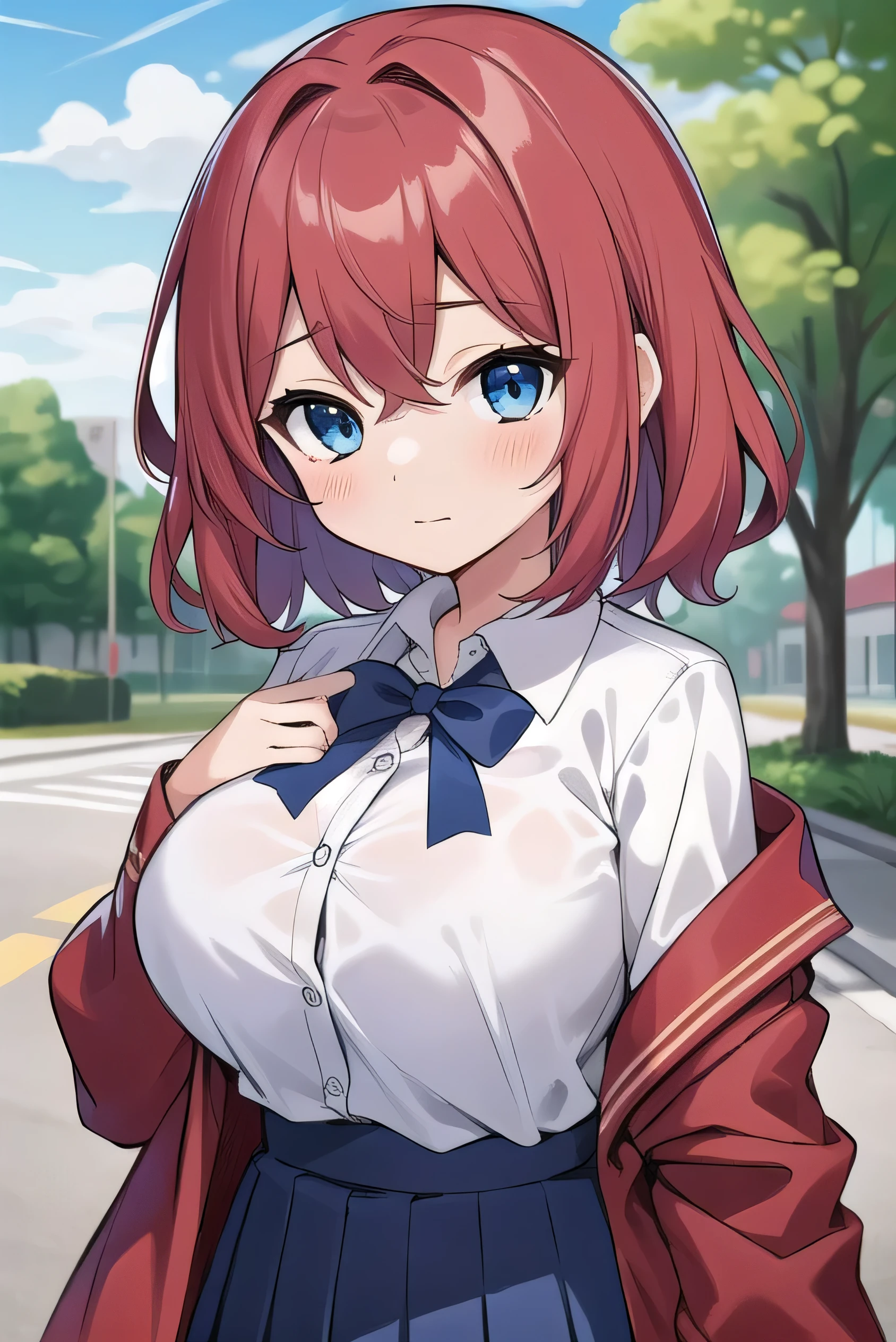 Big breasts, red hair, blue eyes, droopy eyes, red jacket, long sleeves, navy skirt, , super big breasts, (medium hair: 1), baggy clothes, elementary school studentt, 10 years old, shy, shy, park, white shirt, 