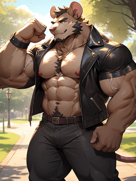 furry，male people，Handsome and handsome，(Musculature is particularly developed)，musculature，Strong body，The pectoral muscles are well developed, pants，((lean meat))，(((Thick and big)))，((erected nipples))，flexing, standing up, smiling, park, Detailed body portrayals，Accurate hand portrayal，highest  quality，4k HD,  rat, giant, mega thick body, hairy body, open leather jacket