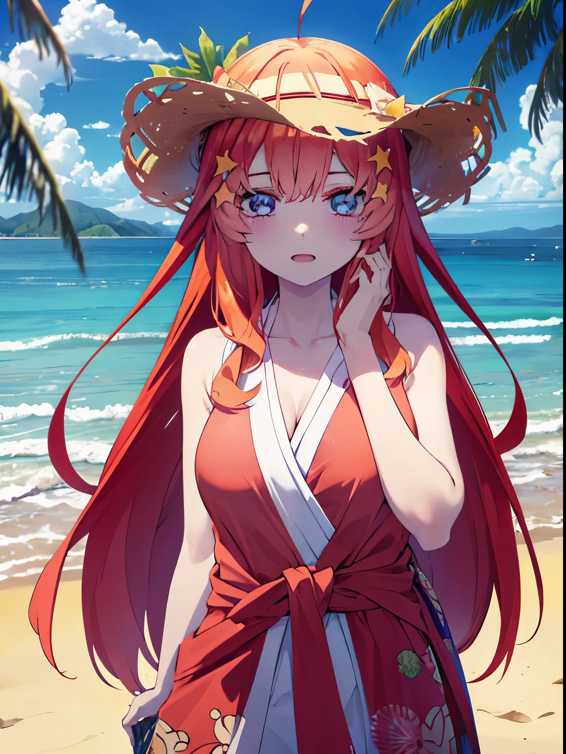 itsukinakano, itsuki nakano, bangs, blue eyes, hair between eyes, Ahoge, redhead, star \(symbol\), hair ornaments, star hair ornamentsにっこり, smile, open your mouth,big straw hat,Red Bikini Swimsuit,naked belly,A pale red blanket is wrapped around his waist.., (beach salon), big breasts,((salon)), beach outfit,real summer,Palm tree,
break outdoors, beach,
break looking at viewer, (cowboy shot:1.5),
break (masterpiece:1.2), highest quality, High resolution, unity 8k wallpaper, (shape:0.8), (fine and beautiful eyes:1.6), highly detailed face, perfect lighting, Very detailed CG, (perfect hands, perfect anatomy),