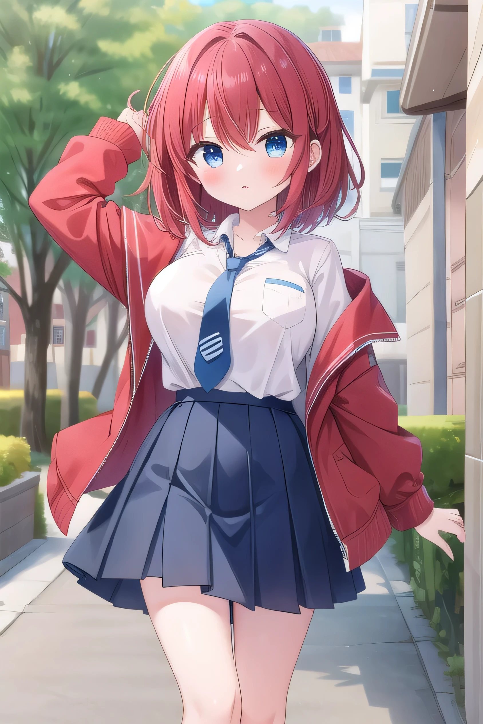 Big breasts, red hair, blue eyes, droopy eyes, red jacket, long sleeves, navy skirt, , super big breasts, (medium hair: 1), baggy clothes, elementary school studentt, 10 years old, shy, shy, park, trying to unbutton hite shirt, soft hair,,,red tie