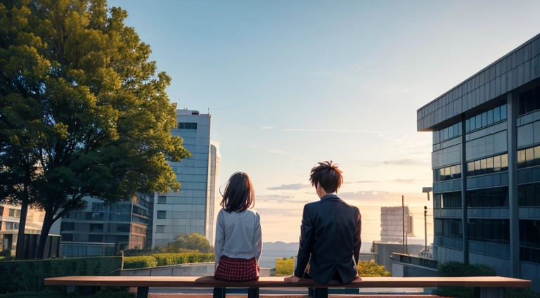 A boy and a girl are sitting on a bench but are far away from each other from the back side. 