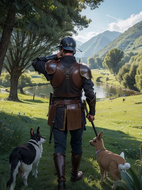 Cartoon style pictures ,(Europe),(Shooting from above),(three men:1.5),midnight,整体black调,( Europe中世纪传统full body armor,old,old,black,full body armor,Wooden shield,bow,quiver,ax), Medieval countryside village,farmland,forest,river,farm cattle,dog,chicken,duck,rabbit,torch,horse,farmer,partner,companion,Soldier,laboeld,farming,(Full headband,Visor Helmet,In the shadows,Faceless,Strong man, strong, old的),dynamic poses, ((Turn your back to the camera,look into the distance,not looking at camera)),