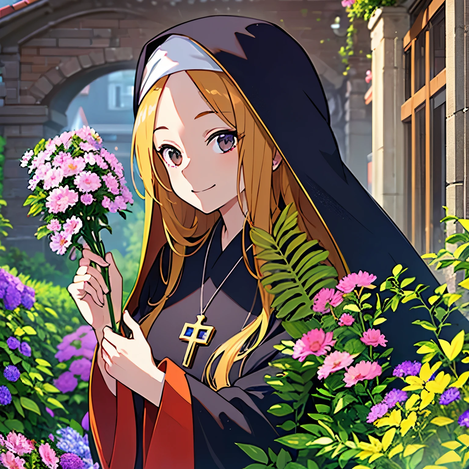 (masterpiece, Excellent quality, Super exquisite, High resolution), Female focus, , (((holding flowers, heart shaped hand))), (nun uniform、black turban、black robe、Cross necklace), Happy expression, (((alone)))