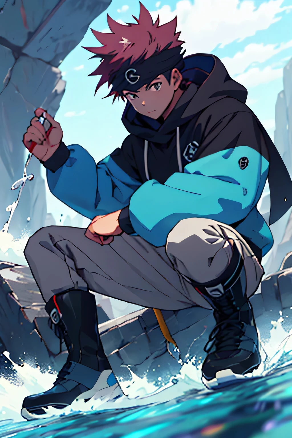 Anime boy, pokemon style, water trainer, black hood, boots, blue head scarf, master piece, detailed, high quality