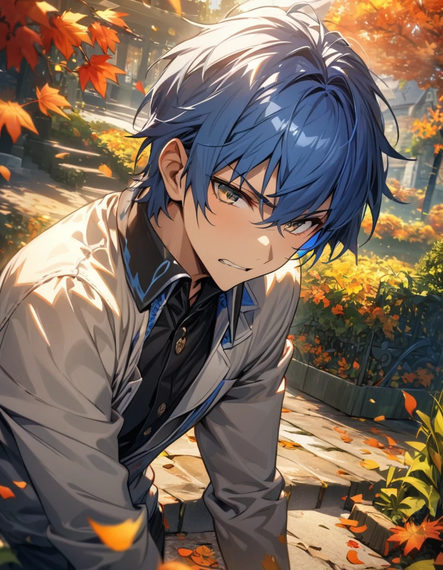 absurdres, highres, ultra detailed, HDR, masterpiece, Seragaki Aoba, blue hair, expressive golden eyes, Dramatical Murder, 1man, handsome, petals, garden, autumn