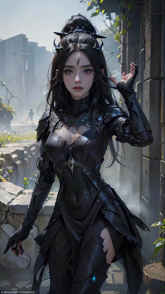 (La mejor calidad,A high resolution,Ultra - detallado,actual),Ariana Grande  con un rostro detallado, ojos detallados, pechos grandes, (Vestido con armadura negra:1.4),( y el fondo es con cuervos y oscuridad:1.4 ) , More detailed 8K.motor irreal:1.4,UHD,La mejor calidad:1.4, fotorrealista:1.4, textura de la piel:1.4, obra maestra:1.8,obra-prima, mejor calidad,objeto Objeto], (detailed face features:1.3),(Las proporciones correctas),(Ojos hermosos azules),  (pose vaquero), ,( ciberpunk 2.1)