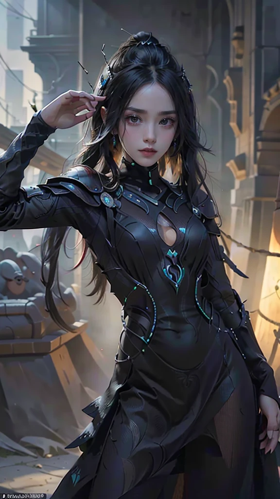 8K, highest quality, masterpiece, realistic, ultra detail, photograph, HDR, High resolution, movie blue light, official art, High resolution, Depth of written boundary,(emits laser light), girl1name、20-year-old, medium long hair,Take a full body photo、action pose,Blue Universe,alien space battleship