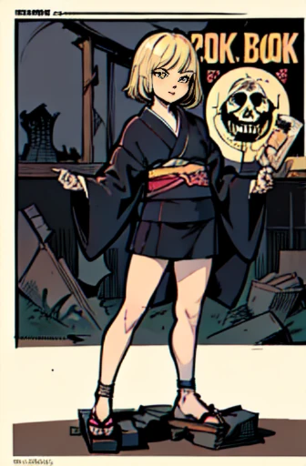 ((Blonde bob-haired girl in black kimono))、((ruins)), ((punk band poster)),cartoon style, Horror elements, Comic book style illustrations, (drawing style), full body (Spooky), Japanese carving, primitive art, circus, crazy illustration, flat illustration、small eyes