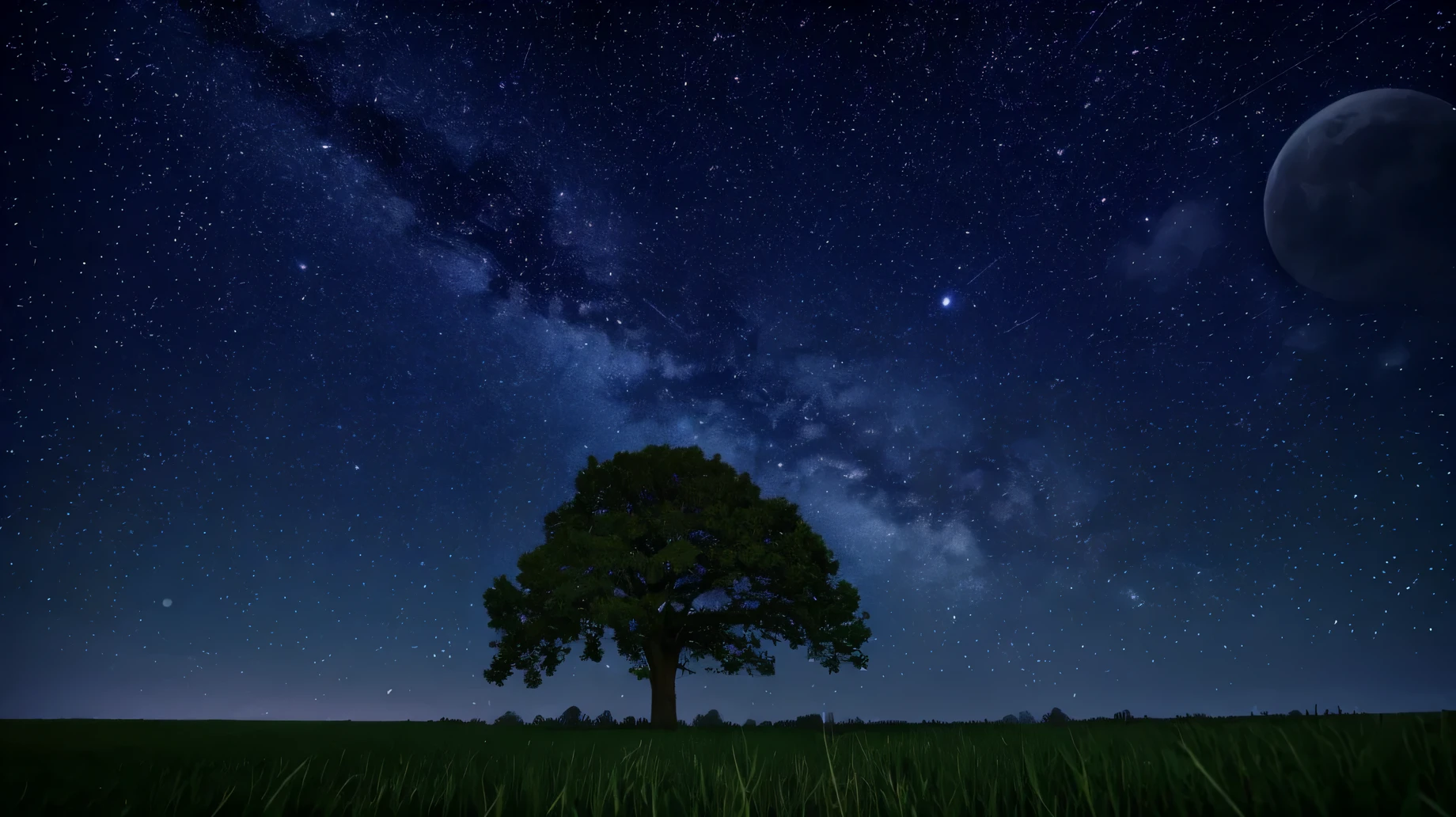 starry sky with a lone tree in a field, Galactic Tree Made of Stars, Trees and stars background, The tree is on the left,There is a bench next to the tree,Nature landscape at night, starry skyのある夜, Starry sky background, Moonlit starry sky environment, calm night. digital illustration, night background, night sky background, starry sky, The background is dark and stars are visible, Night sky with stars