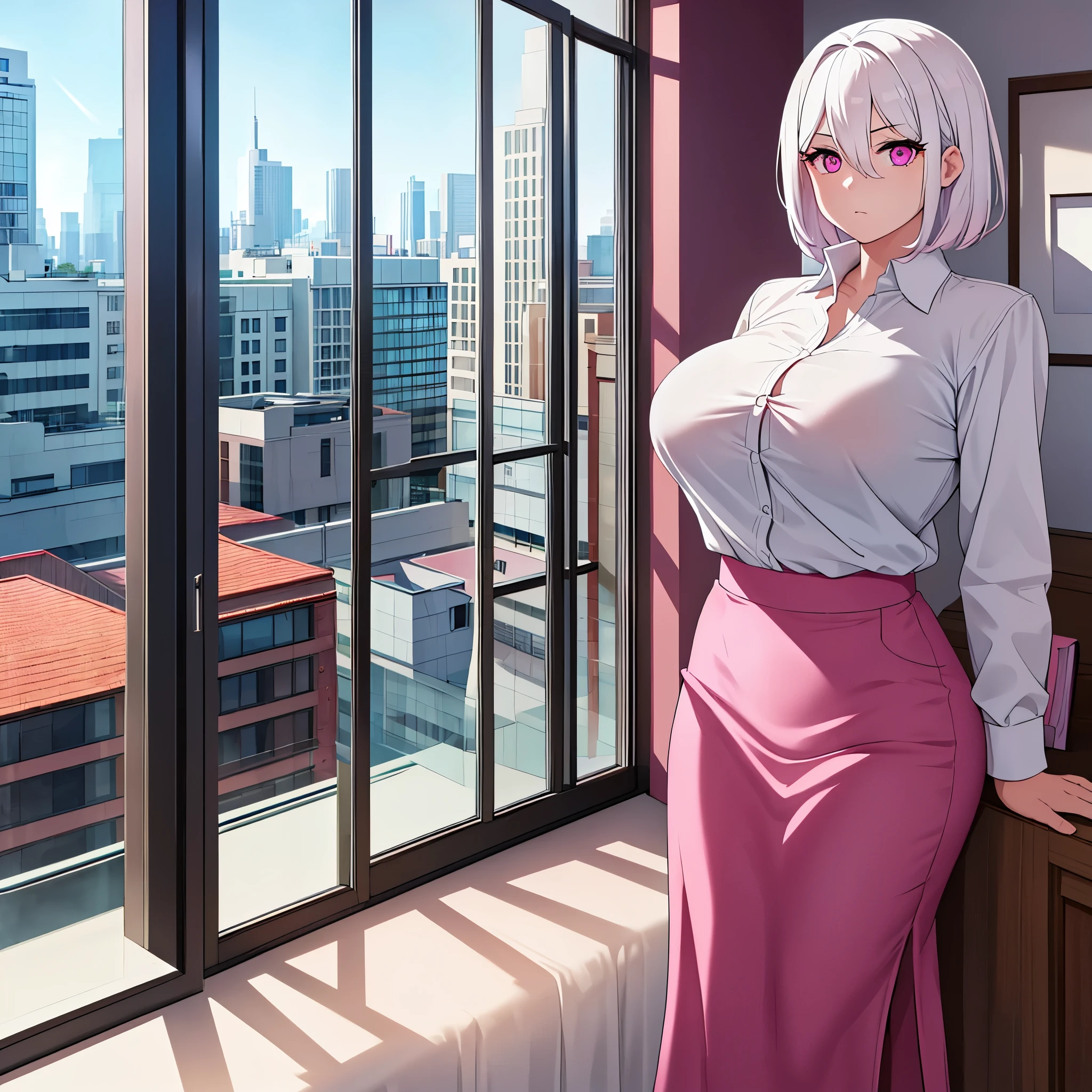 a woman wearing a white shirt, pink skirt, white hair with blue strands, pink eyes, in a luxurious fit, with a large window overlooking other buildings, a bright place, large breasts,HDR, ultra resolution, well defined, masterpiece, 8K HD. (solo woman)
