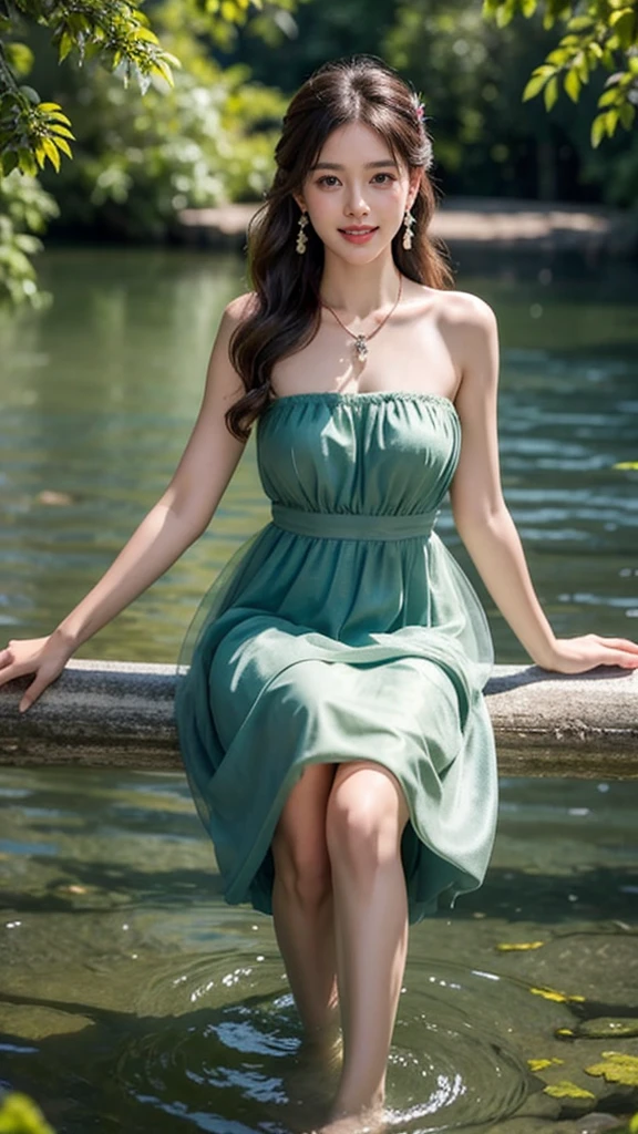 8K, ultra high definition, masterpiece, Very realistic, 1 girl, Good face, Very long hair, delicate eyes, delicate lips, Extra round medium chest, Short Strapless Tulle Beaded Ball Gown Green Mini Elegant 3D Flowers, ((Pink,Red,blue,Black,green,have,purple,Yellow random dress)), ((High-resolution clothing quality)), diamond, jewelry, necklace, earrings, lake, landscape, sitting, bridge, forest , standing in lake water , Legs in water, pine , Perfect body, beautiful smile, cinematography, Sexy angle, fashionable pose, 4 different poses, k , High-resolution image quality, Very clear figure, flowers in hand, flowers on hair, Walk in water, Fall