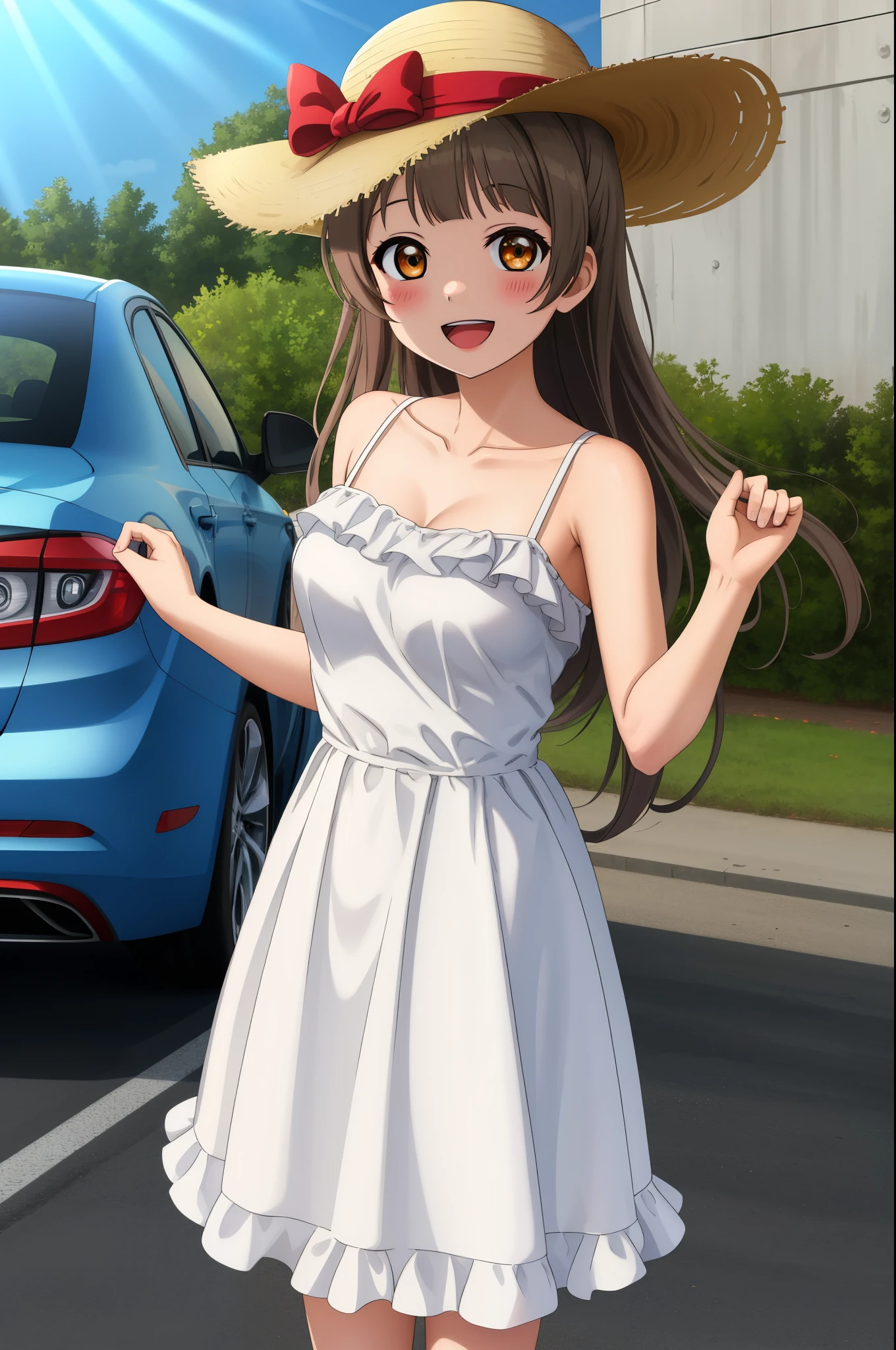 Minami kotori,long_hair, cowboy shot, looking_at_viewer, blush, smile, open_mouth, hat, dress, bare_shoulders, standing, collarbone, :d, outdoors, frills, day, breasts, bare_arms, sleeveless_dress, frilled_dress, own_hands_together, ground_vehicle, motor_vehicle, sun_hat, long_dress, spaghetti_strap, sundress, car, road, sports_car
