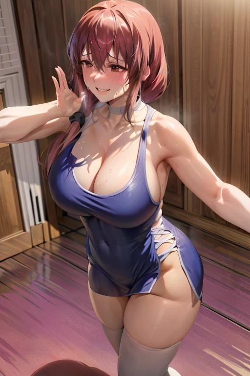 masterpiece, best quality, beautiful art, high resolution, well formed hands, body and fingers, 1 woman, solo, Uzaki Tsuki, big breasted, cleavage full body, long hair, hair ornament, gorgeous legs and thighs, blue_kunoichi_dress, white stockings, sleeveless, she is doing exercise, warming up, stretching her body, bouncing breasts, sexy and erotic training, working out, sweating, smiling joyfully and brightly, training montage session, beach environment