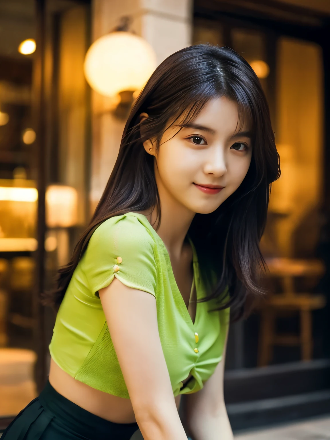 1 girl, (wearing a green blouse:1.2), black short skirt, beautiful japanese actress, (RAW photo, highest quality), (realistic, Photoreal:1.4), masterpiece, very delicate and beautiful, very detailed, 2K wallpaper, wonderful, finely, very detailed CG Unity 8k wallpaper, Super detailed, High resolution, soft light, beautiful detailed girl, very detailed目と顔, beautifully detailed nose, beautiful and detailed eyes, Long hair, cinematic lighting, break, (Against the backdrop of a outside the cafe terrace 1.3), city lights, perfect anatomy, slender body, smile, Face the front completely, (waist shot), (emphasize big breasts), (Random body direction),