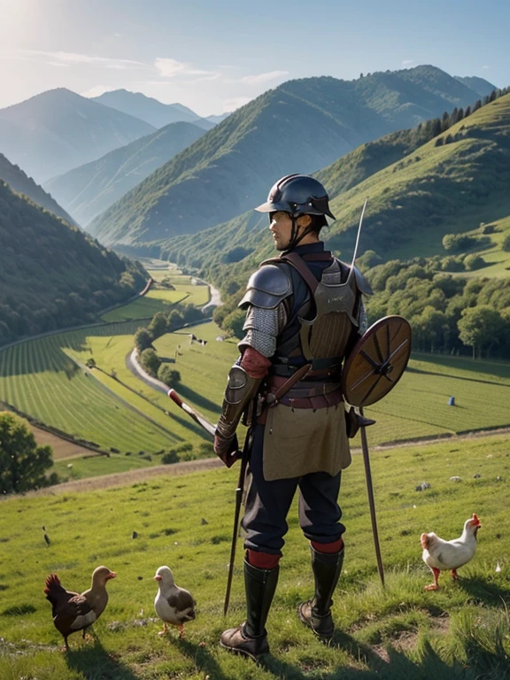  Cartoon style pictures ，(Europe)，（Shooting from above），（three men:1.5）,midnight，整体black调，（  Europe中世纪传统full body armor，old，old，black，full body armor，Wooden shield，bow，quiver，ax）， Medieval countryside village，old木屋，farmland，forest，river，farm cattle，dog，chicken，duck，rabbit，torch，horse，farmer，partner，companion，Soldier，laboeld，farming，(Full headband，Visor Helmet，In the shadows，Faceless，Strong man, strong, old的),dynamic poses， ((Turn your back to the camera，look into the distance，not looking at camera)), 