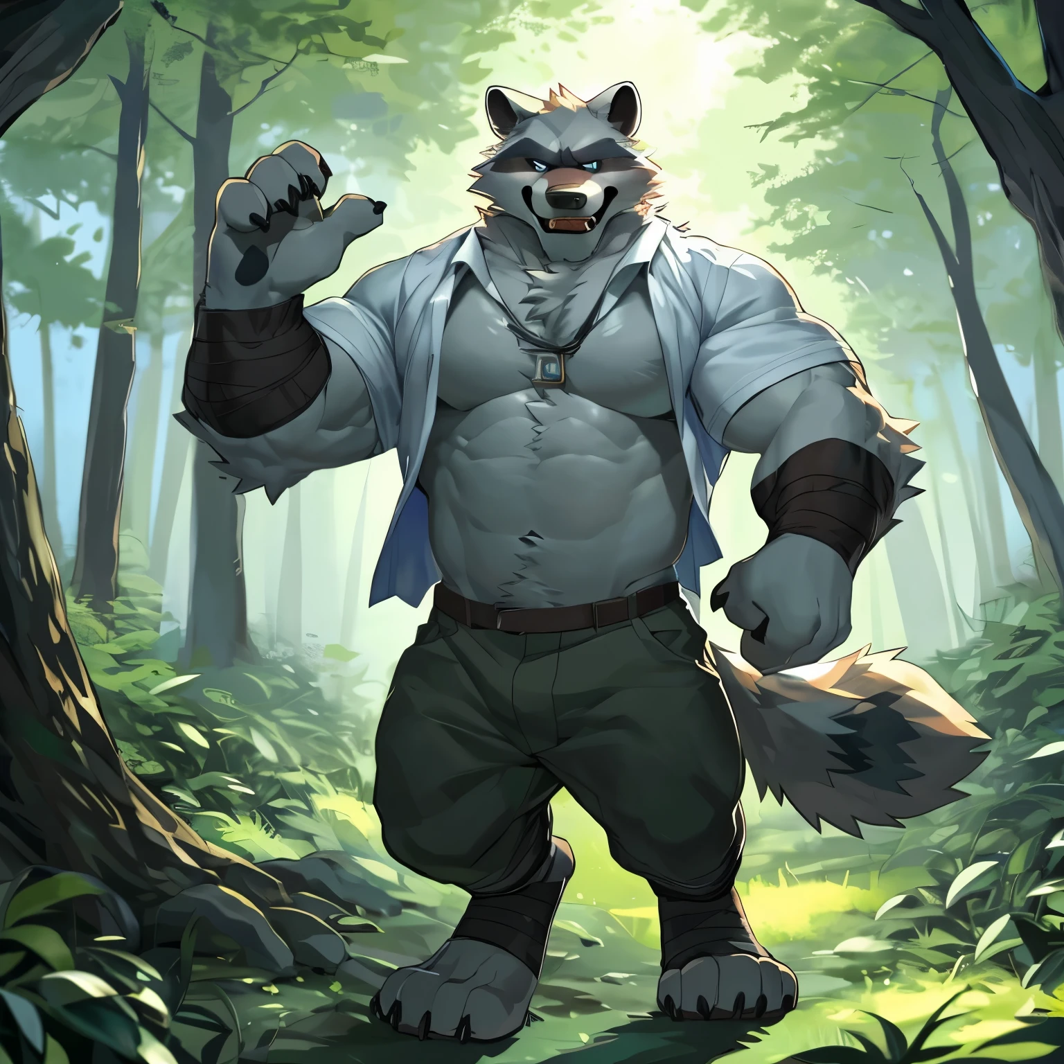 Hi res, (raccoon, elderly raccoon), anthro, 4 fingers, deep blue eyes, gray pants, white shirt, male, muscular, muscular anthro, muscular male, tail, outside, plant, light gray body, forest, solo, tree, (cancer awareness ribbon), detailed background, by milkytiger1145, by takemoto arashi, by null-ghost, cold atmosphere, determined expression