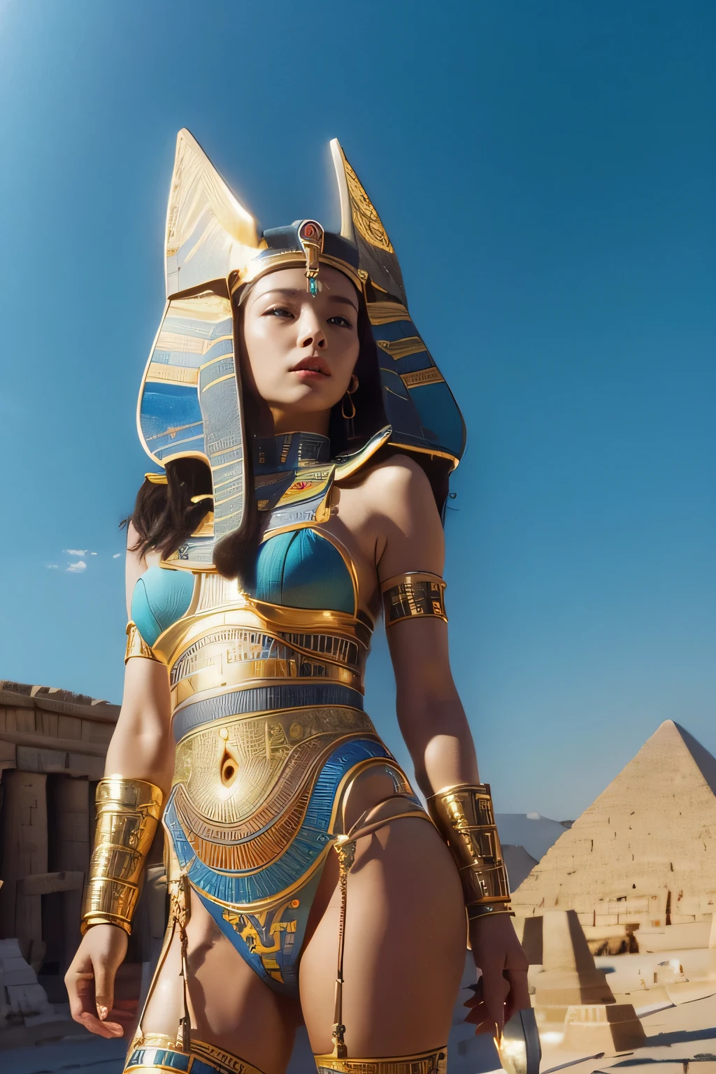 ((highest quality、8K、masterpiece:1.3))、Photoreal, sharp focus, High level image quality, High resolution, portrait, one person, woman, beautiful woman, sexy、Egyptian goddess walking in ancient Egypt、Complex technology, Remote pyramids and ancient Egyptian cities、cyber-、Light and shadow、cyan light、