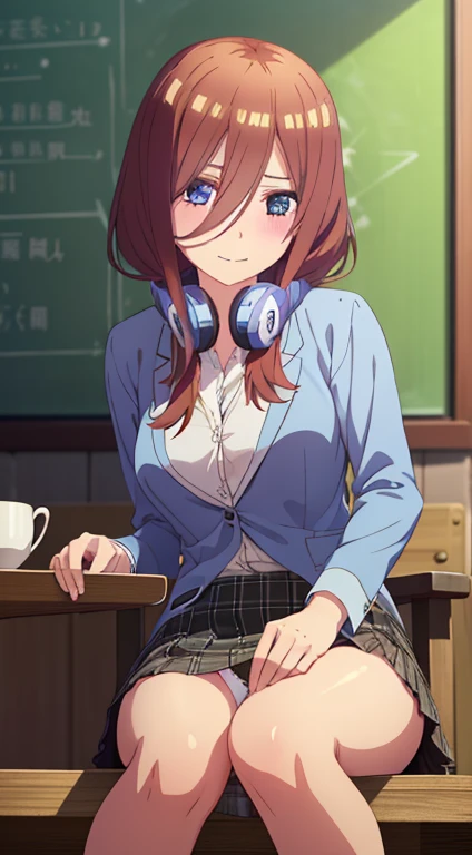 orgasm，masturbation，alone, 1 girl, looking at the viewer, 2D, anime, anime coloring, high quality, alone, contrasting, Miku Nakano, Headphones around the neck, looking at the viewer,((table top, 最high quality, High resolution, nffsw, perfect pixel, 4k, nffsw, nffsw))), 1 girl, alone, beautiful woman、I could see the whole body，((detailed face, blush:1.2)), ((smooth texture:0.75, realistic texture:0.65, realistic:1.1, animeCGスタイル)), medium breasts,  perfect body, ((school uniform,  white shirt, black skirt, unbuttoned shirt、plaid skirt、not wearing shoes、white socks)), Very embarrassing panic smile、(cute floral bra)、angle from below，,(((put your hand inside your panties))), (( 指で膣を触ってmasturbationする)), love juice spilling on the floor, liquid splashing from girl&#39;&#39;s crotch，
love juice，
pussy juice，
pussy juice stain，