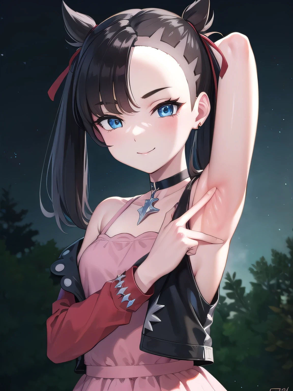pokemonmarnie, aqua eyes, asymmetrical bangs, asymmetrical hair, black hair, hair ribbon, long hair, red ribbon, ribbon, twintails, (small breasts:1.2),
black choker, black jacket, choker, dress, earrings, jacket, jewelry, long sleeves, open clothes, pink bag, pink dress,
ako suminoe, ascot, solo, upper body, night sky, forest, arms behind head, contrapposto, spread armpits, smile
BREAK (masterpiece:1.2), best quality, high resolution, unity 8k wallpaper, (illustration:0.8), (beautiful detailed eyes:1.6), extremely detailed face, perfect lighting, extremely detailed CG, (perfect hands, perfect anatomy),