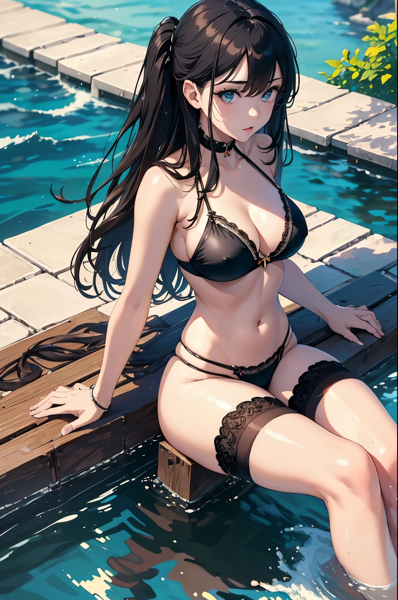 (masterpiece),4k, (ultra realistic), (best quality), (high detailed face),sexy, 1girl, a beautiful girl near the river, slim, (bikini), (flat chested), (black stocking), (front view), (ultra detailed body), (ultra detailed hair), (high detailed hands), anime, (sitting)