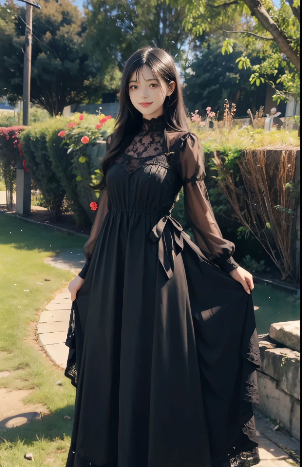 (ultra realistic) , (illustration), (increase resolution), (8K), (extremely detailed), (best illustration), (beautiful detailed eyes), (best quality), (ultra-detailed), (masterpiece),  (wallpaper), (detailed face), solo,1 girl, looking at viewers, black straight hair, delicate details,  in the dark, deep shadow, low key, pureerosfaceace_v1, happy smile, dark summer dress, full body, garden