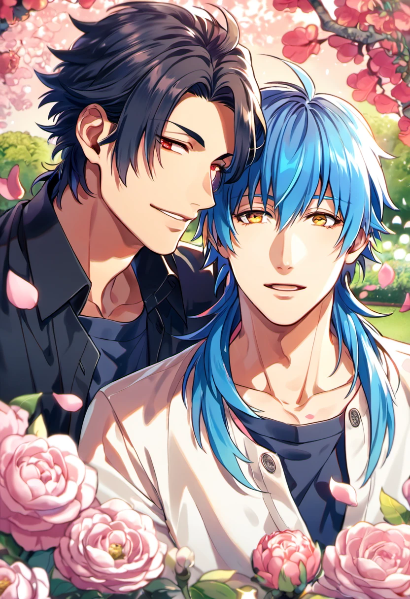 absurdres, highres, ultra detailed, HDR, masterpiece, Koujaku, black hair, expressive red eyes, Dramatical Murder, Seragaki Aoba, blue hair, expressive golden eyes, 2men together, gay couple, handsome, petals, garden