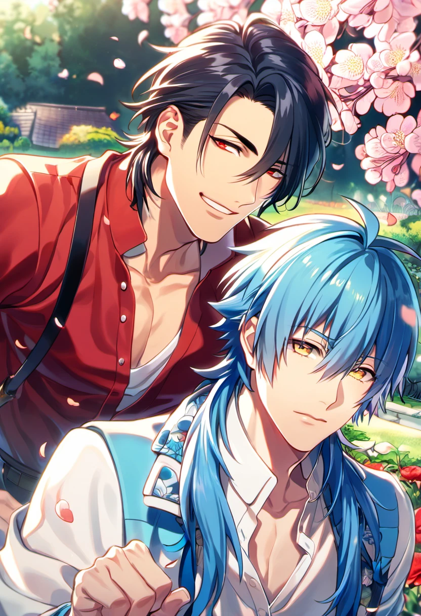 absurdres, highres, ultra detailed, HDR, masterpiece, Koujaku, black hair, expressive red eyes, Dramatical Murder, Seragaki Aoba, blue hair, expressive golden eyes, 2men together, gay couple, handsome, petals, garden