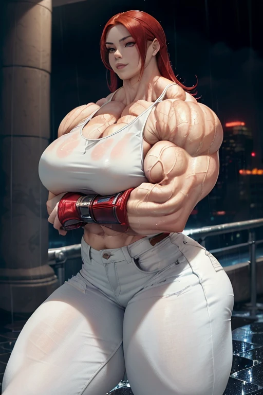 (((((Massive tall, beautiful, buff, wet, pale white skinned muscular asian woman with red hair, ginormous bulky muscles, and wearing a tight white tank top with tight denim pants))))), close view, massive muscle, massive biceps, hyper muscle shoulders, (massive muscle arms), vascular shoulders, hyper muscle triceps, (long hair), yellow eyes, choker, (long fingerless gloves), black boots, (in a rainy city), confidant smile, night, hyper vascular arm, hyper muscles arms, hyper muscle legs, (massive arms).
