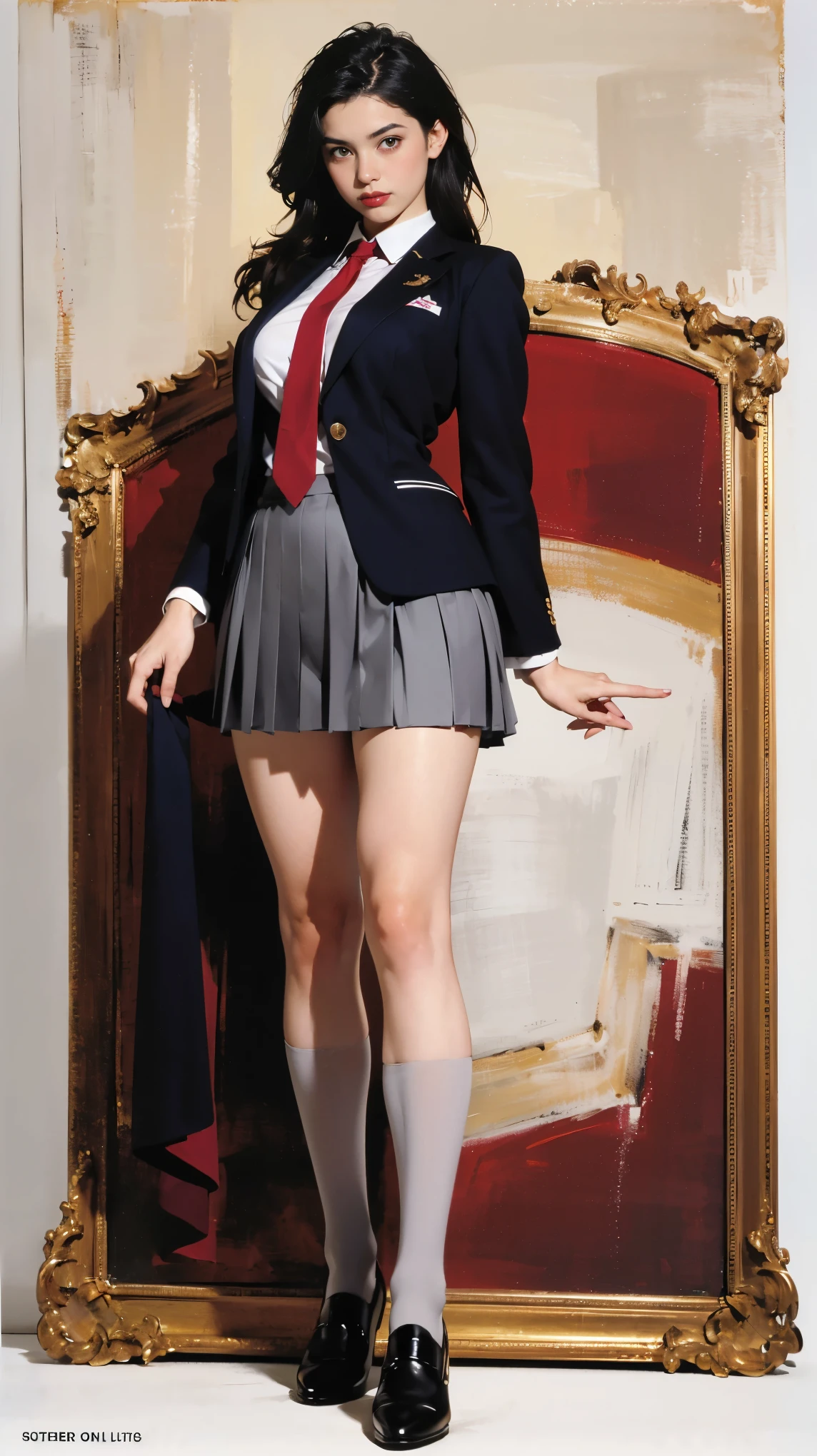 ((best quality,4k,highres,masterpiece:1.2)),((character concept art)), 1 female, age 18. Known for her youthful charm and unwavering determination, Her body language is as modest as her personality, always exuding a sense of innocence and resilience, ((She is dressed in a prestigious Tokyo high school uniform)), (((The uniform includes a (tailored maroon blazer with the school crest on the chest), a (maroon necktie), (a white blouse) with a Peter Pan collar underneath that compliment her natural E-cup breasts, a (pleated grey skirt) that  emphasizing her  figure))), (((She enhances her look with Sheer black stockings and black leather oxford shoes))), carrying her ensemble with an air of subtle confidence. Her accessories are minimal, reflecting her simple lifestyle at this age. ((intricate detail)), super finely detailed hands, ultra finely detailed fingers(((ten fingers))), (standing confidently), (full body showcase), (show full body), (no logos on background), (no logo), ((plain background)), ((plain background)), (((empty background))).