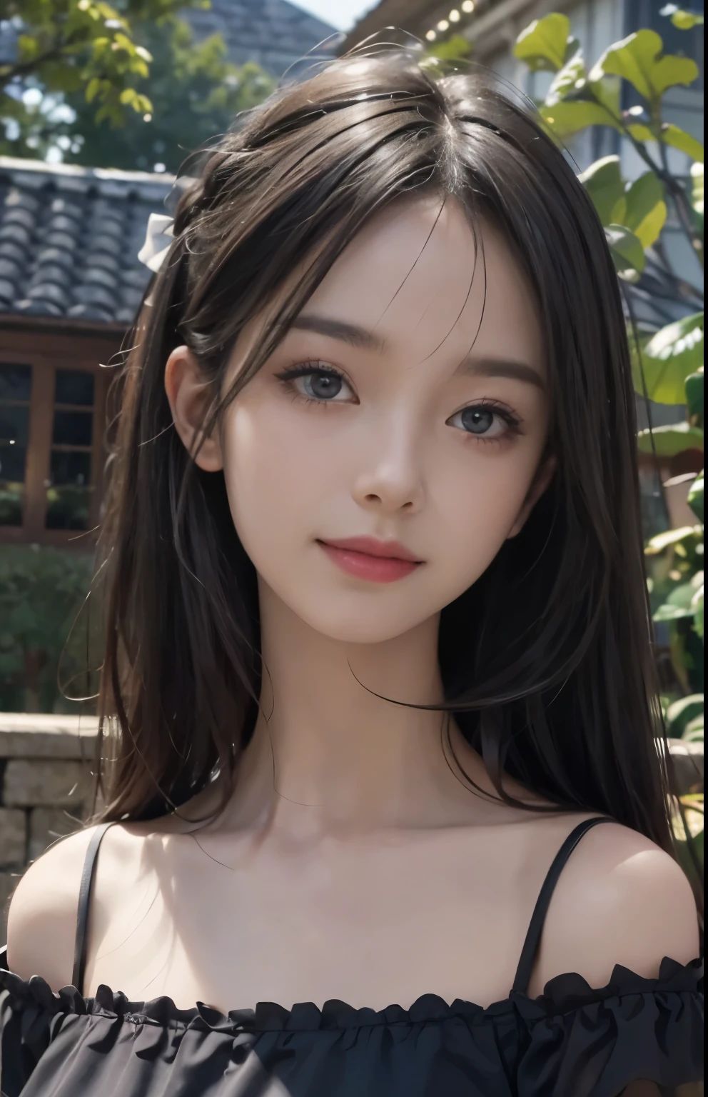 (ultra realistic) , (illustration), (increase resolution), (8K), (extremely detailed), (best illustration), (beautiful detailed eyes), (best quality), (ultra-detailed), (masterpiece), (wallpaper), (detailed face), solo,1 girl, looking at viewers, black straight hair, delicate details, in the dark, deep shadow, low key, pureerosfaceace_v1, happy smile, dark summer dress, full body, garden