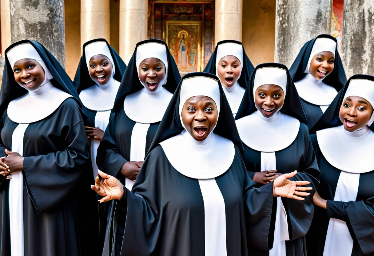 so many nuns singing songs happily\(SISTER ACT\)#quality(8k,wallpaper of extremely detailed CG unit, ​masterpiece,hight resolution,top-quality,top-quality real texture skin,hyper realisitic,increase the resolution,RAW photos,best qualtiy,highly detailed,the wallpaper),one nun in very front is Whoopi Goldberg\(SISTER ACT\):1.6,dynamic pose,#background(in the old temple)