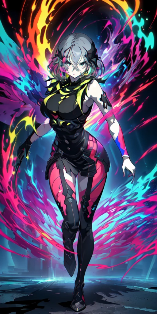 (masterpiece:1.2, highest quality),(colored background) (Beautiful detailed eyes: 1.2), (Highly detailed CG Unity 8K wallpaper, masterpiece, highest quality, Super detailed, best shadow), (detailed background), (beautiful and detailed face, detailed and beautiful eyes), high contrast, (best illumination, very delicate and beautiful),1 girl,((Colorful paint splatters on transparent background, dulux,)), dynamic angle,beautiful delicate shine,full body, cowboy shot, gray hair, purple eyes,Intimidating look, Diabellstar, full body,A dynamic pose, ((holographic)),1 girl,milky way, (stripes of light), impressive visuals, (dynamic streak, path of light:1.2), bright colors