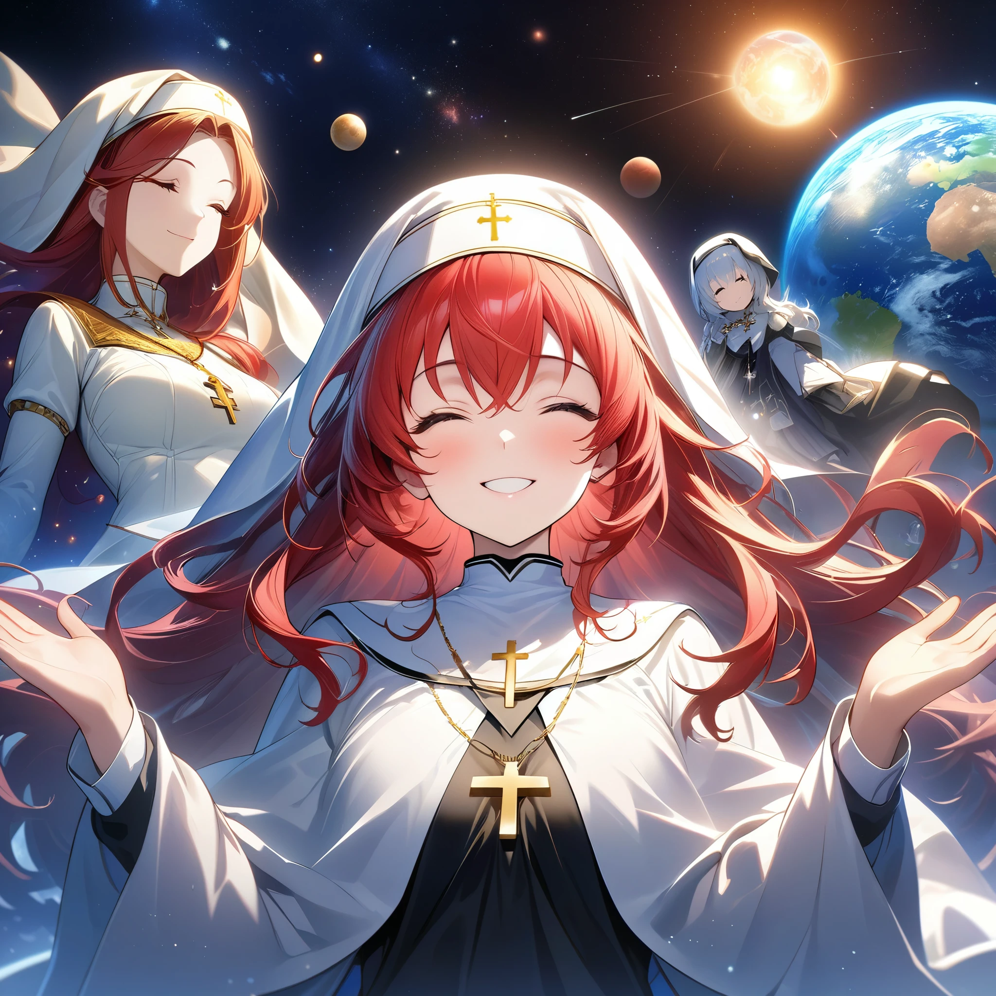 （masterpiece、need、Super exquisite、High resolution），1God，（nun uniform、scarf、robe、Cross necklace），（long red hair、close her eyes、Smile），background starry sky，planet earth，Sonu，divine light，The figure exudes a sacred light，official art，Very detailed，（upper part of body、Front camera）