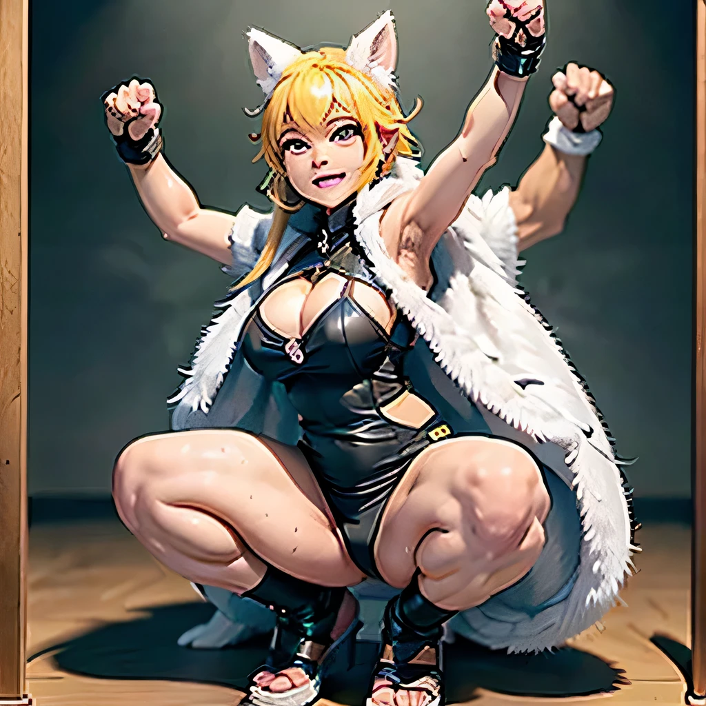 Dobby,1girl,animal ears,armpits,arms up,bangs,black gloves,breasts,brown eyes,cape,cat ears,cleavage,clenched hand,clenched hands,clothes writing,clothing cutout,covered navel,earmuffs,earrings,fake animal ears,fighting stance,fingerless gloves,flexing,full body,fur,fur-trimmed boots,fur-trimmed cape,fur-trimmed capelet,fur-trimmed cloak,fur-trimmed coat,fur-trimmed gloves,fur-trimmed hood,fur-trimmed jacket,fur-trimmed legwear,fur-trimmed sleeves,fur boots,fur cape,fur coat,fur collar,fur scarf,fur trim,gloves,jewelry,large breasts,long hair,looking at viewer,medium breasts,one-piece swimsuit,paw pose,pelt,pet play,pose,punching,raised fist,sandals,sleeveless,smile,solo,squatting,stirrup legwear,stretch,swimsuit,thighs,thumbs up,toeless footwear,toeless legwear,toenail polish,toes