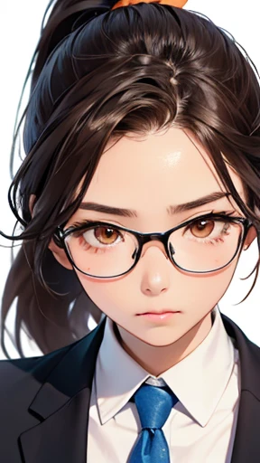 highest quality、realistic、Japanese、girl、zoom、look up、cute、orange eyes、ponytail、chestnut hair、all back、The forehead is out、classroom、gray blazer、white blouse、blue tie、glasses、close up face、slender、small breasts