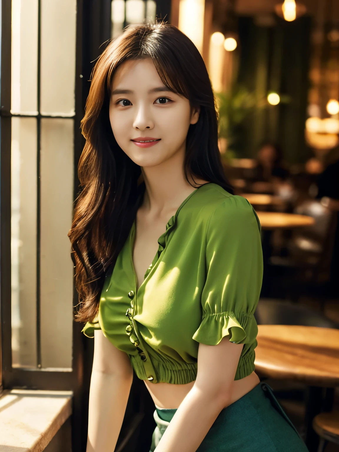 1 girl, (wearing a green blouse:1.2), black short skirt, beautiful japanese actress, (RAW photo, highest quality), (realistic, Photoreal:1.4), masterpiece, very delicate and beautiful, very detailed, 2K wallpaper, wonderful, finely, very detailed CG Unity 8k wallpaper, Super detailed, High resolution, soft light, beautiful detailed girl, very detailed目と顔, beautifully detailed nose, beautiful and detailed eyes, Long hair, cinematic lighting, break, (Against the backdrop of a outside the cafe terrace 1.3), city lights, perfect anatomy, slender body, smile, Face the front completely, (waist shot), (emphasize big breasts), (Random body direction),