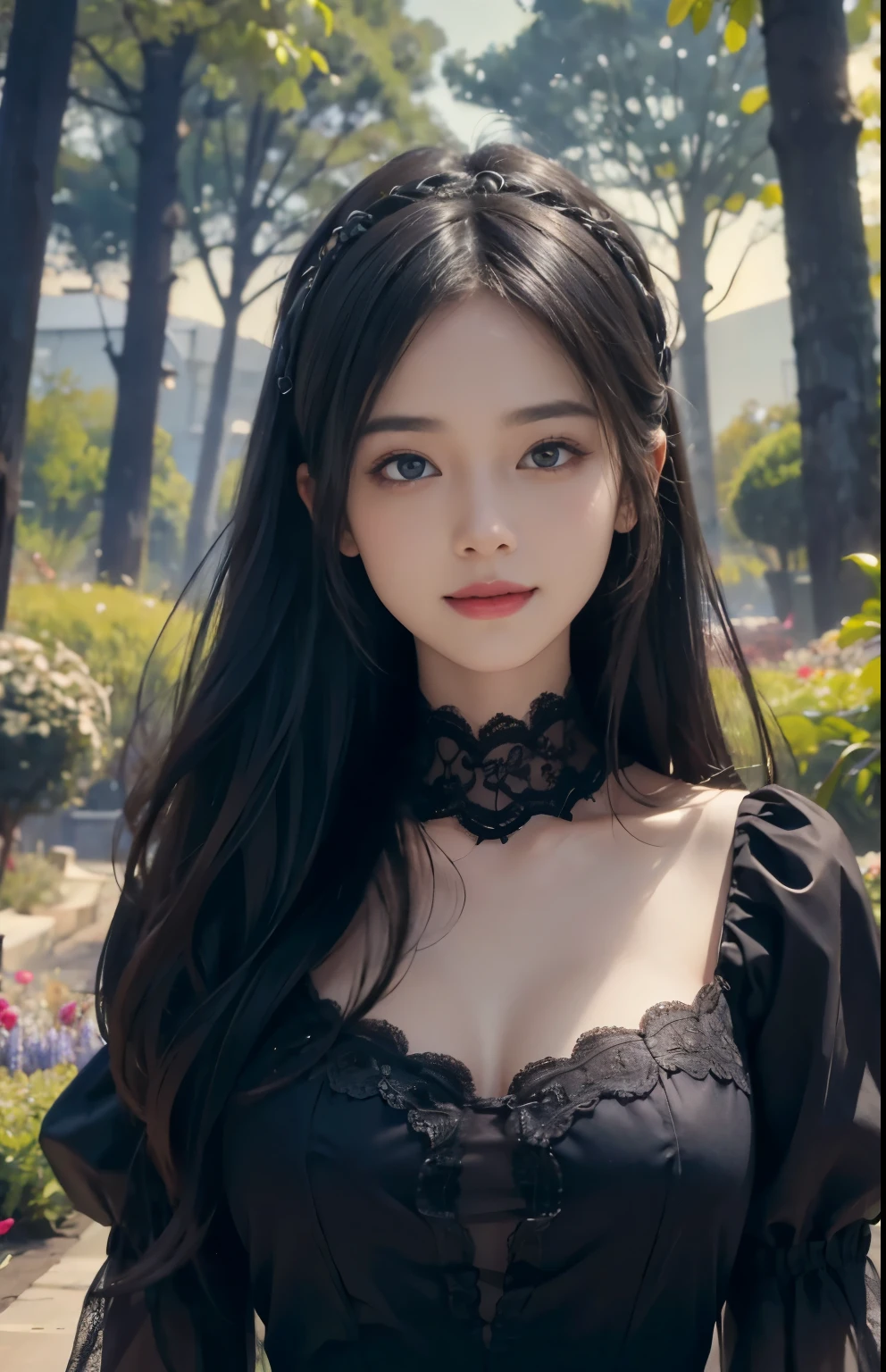 (ultra realistic) , (illustration), (increase resolution), (8K), (extremely detailed), (best illustration), (beautiful detailed eyes), (best quality), (ultra-detailed), (masterpiece), (wallpaper), (detailed face), solo,1 girl, looking at viewers, black straight hair, delicate details, in the dark, deep shadow, low key, pureerosfaceace_v1, happy smile, dark summer dress, full body, garden