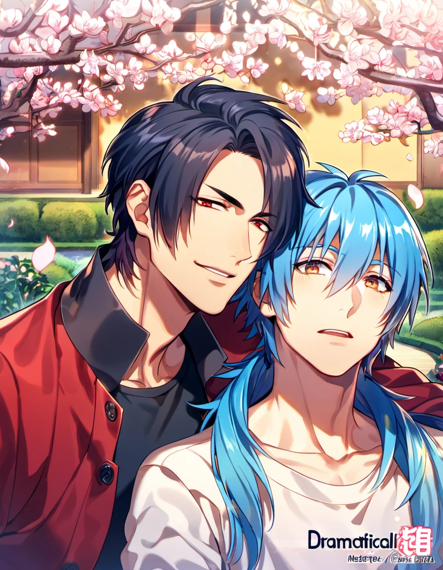 absurdres, highres, ultra detailed, HDR, masterpiece, Koujaku, black hair, expressive red eyes, Dramatical Murder, Seragaki Aoba, blue hair, expressive golden eyes, 2men together, gay couple, handsome, petals, garden