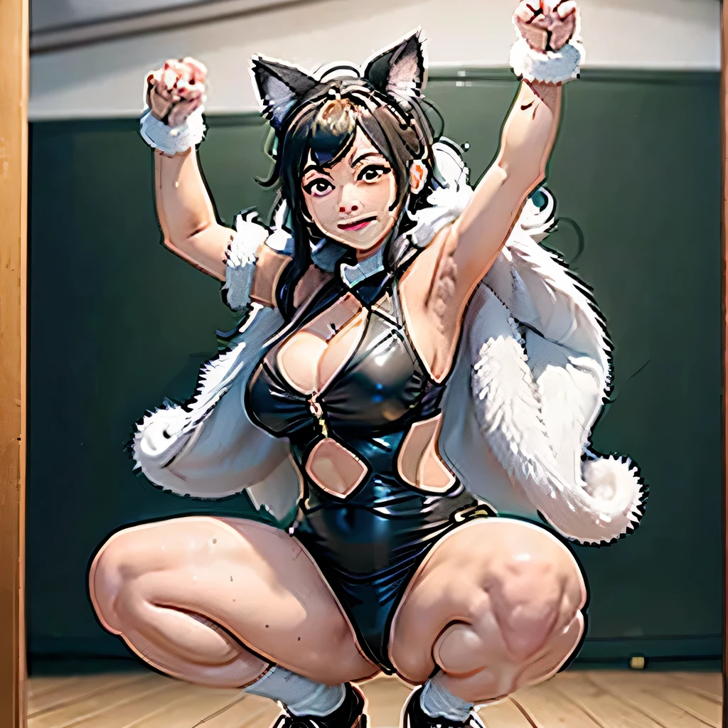 Dobby,1girl,animal ears,armpits,arms up,bangs,black gloves,breasts,brown eyes,cape,cat ears,cleavage,clenched hand,clenched hands,clothes writing,clothing cutout,covered navel,earmuffs,earrings,fake animal ears,fighting stance,fingerless gloves,flexing,full body,fur,fur-trimmed boots,fur-trimmed cape,fur-trimmed capelet,fur-trimmed cloak,fur-trimmed coat,fur-trimmed gloves,fur-trimmed hood,fur-trimmed jacket,fur-trimmed legwear,fur-trimmed sleeves,fur boots,fur cape,fur coat,fur collar,fur scarf,fur trim,gloves,jewelry,large breasts,long hair,looking at viewer,medium breasts,one-piece swimsuit,paw pose,pelt,pet play,pose,punching,raised fist,sandals,sleeveless,smile,solo,squatting,stirrup legwear,stretch,swimsuit,thighs,thumbs up,toeless footwear,toeless legwear,toenail polish,toes