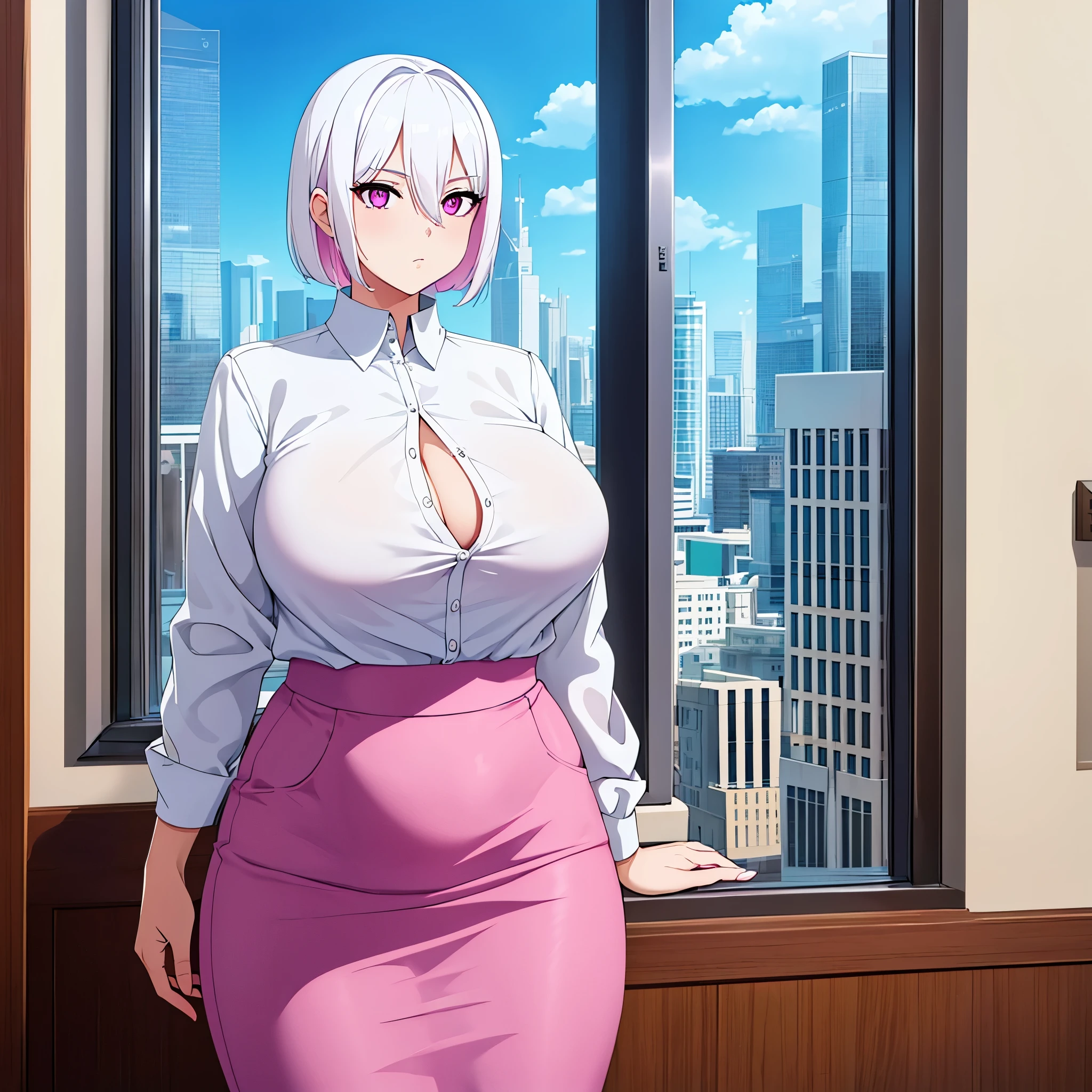 a woman wearing a white shirt, pink skirt, white hair with blue strands, pink eyes, in a luxurious fit, with a large window overlooking other buildings, a bright place, large breasts,HDR, ultra resolution, well defined, masterpiece, 8K HD. (solo woman)
