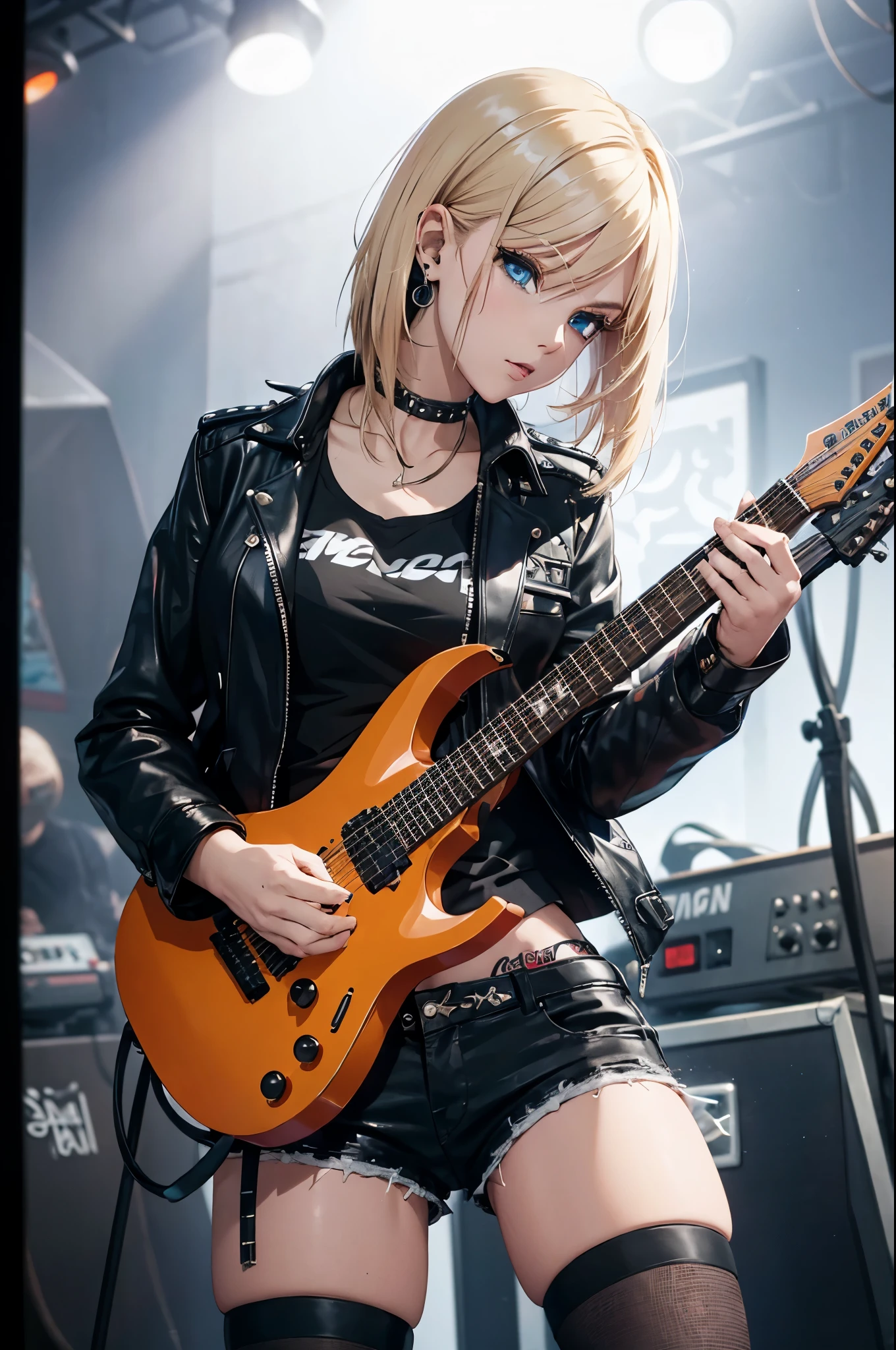 realistic:1.2, Rocker girl wearing a leather jacket,slim body shape、Normal bust size、 highly realistic photograph, whole body、, 12 electric guitars, clothes with spikes,white tank top、Navel exposure、leather shorts、tattoo,earrings dark lipstick, blue eyes,spiky blonde and partially shaved hair, beautiful and perfect legs, confident look, punk style ,dynamic pose, dynamic lighting, bright colors, Aria Alexa 65, 50MM lens