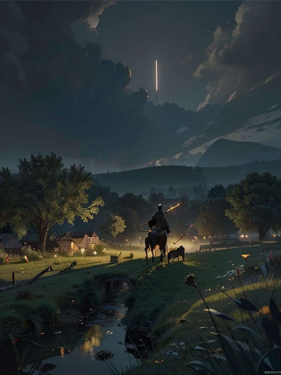 Cartoon style pictures ,(Europe),(Shooting from above),man,midnight,Overall black tone,farmer装束, Medieval dilapidated countryside village,farmland,river,torch,horse,farmer,companion,Soldier,laboeld,farming,(Hood,In the shadows,Faceless,健壮的man, strong, shabby),dynamic poses, ((Turn your back to the camera,look into the distance,not looking at camera)),